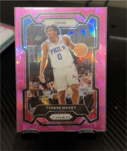 2023-24 Panini Prizm #15 Tyrese Maxey Pink Ice Philadelphia 76ers — front