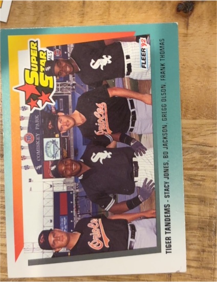 1992 Fleer #701 Tiger Tandems Stacy Jones / Bo Jackson / Gregg Olson / Frank Thomas — front