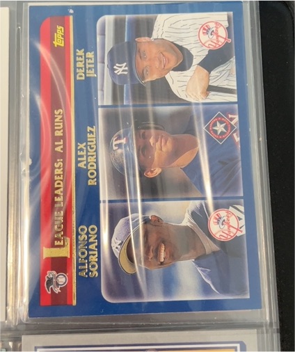 2003 Topps #338 Alfonso Soriano/Alex Rodriguez/Derek Jeter League Leaders — front