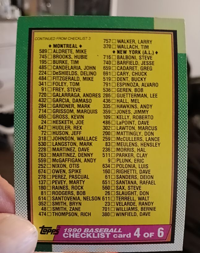 1990 Topps Baseball Checklist #526 4 of 6 — front