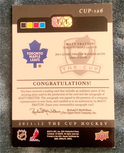 2011-12 Upper Deck The Cup #CUP-126 Matt Frattin — front