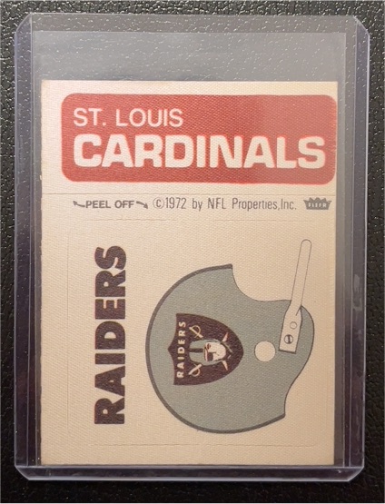 1972 Fleer Football Patch Raiders Helmet / Cardinals Banner — front