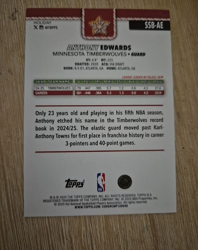 2025-26 Topps Holiday #SSB-AE Anthony Edwards — front