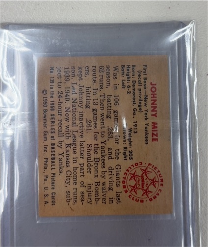 1950 Bowman #93 Johnny Mize — front