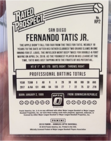 2018 Panini Donruss Optic Rated Prospect #RP2 Fernando Tatis Jr. — front