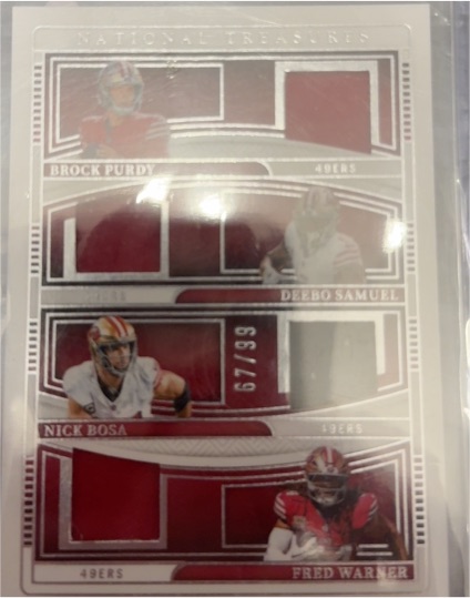 2024 Panini National Treasures #67/99 Brock Purdy Deebo Samuel Nick Bosa Fred Warner Quad Patch — front