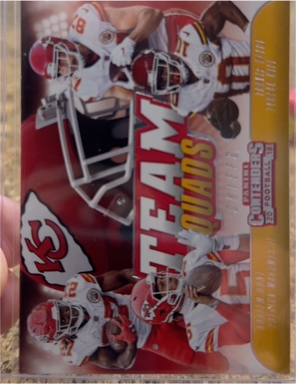 2018 Panini Contenders Team Quads #TQ-3 Patrick Mahomes II / Tyreek Hill / Kareem Hunt / Travis Kelce — front