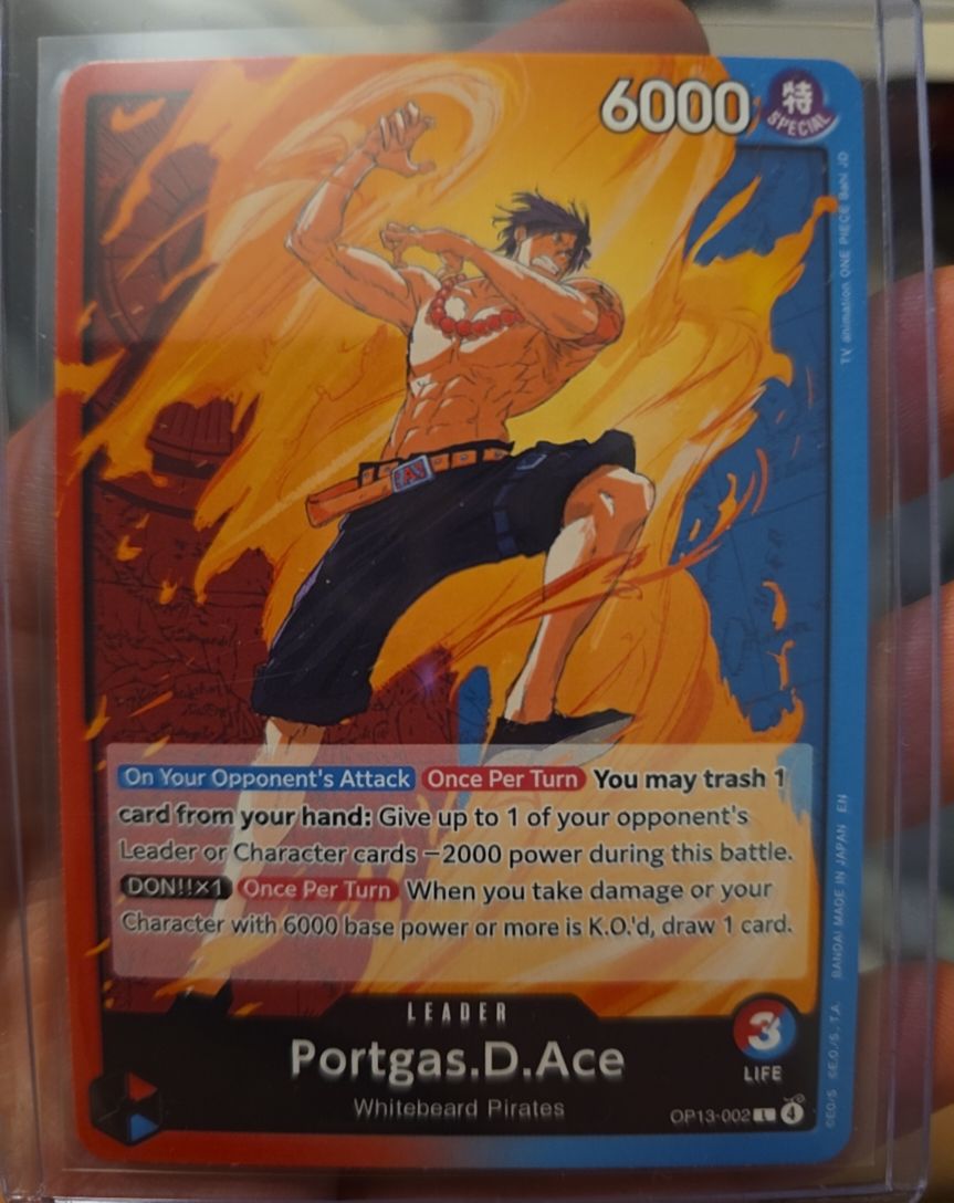 One Piece OP13-002 Portgas.D.Ace Leader Carrying on His Will — front