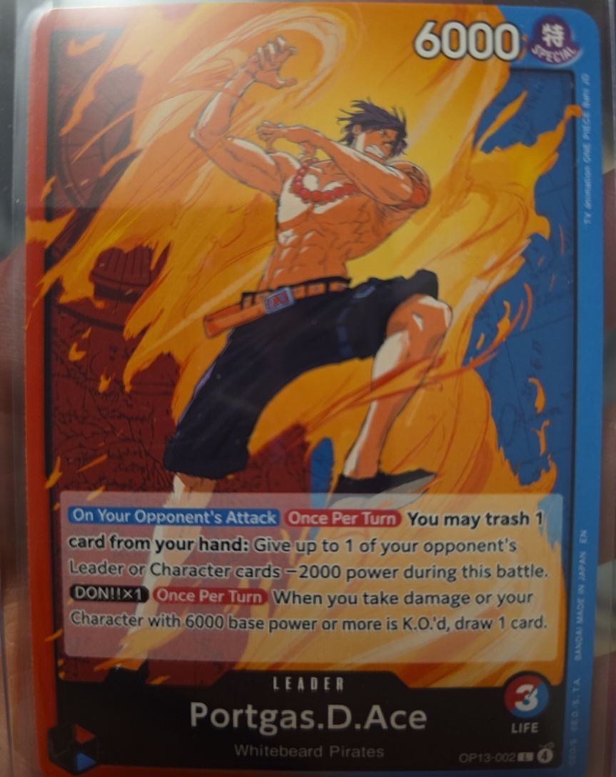 One Piece Card Game OP13-002 Portgas.D.Ace Leader Carrying on His Will — front