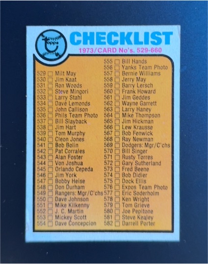1973 Topps #555-582 Baseball Checklist — front