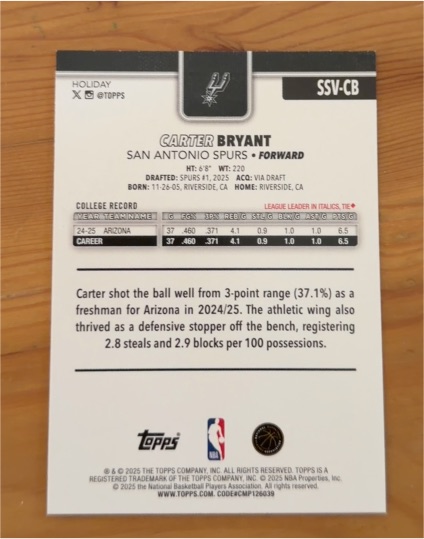 2025-26 Topps Holiday #SSV-CB Carter Bryant — front