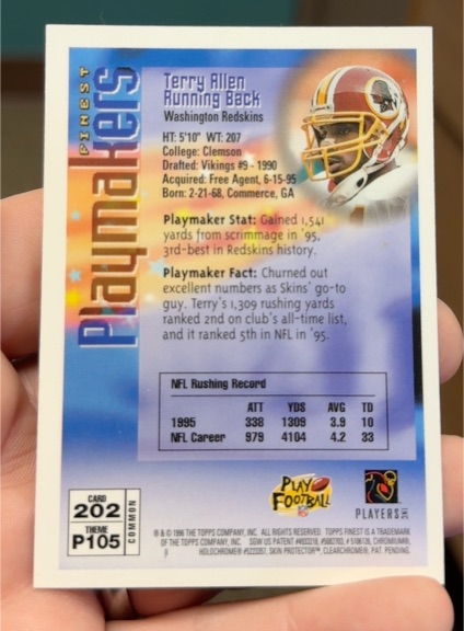 1996 Topps Finest Playmakers #202 Terry Allen — front