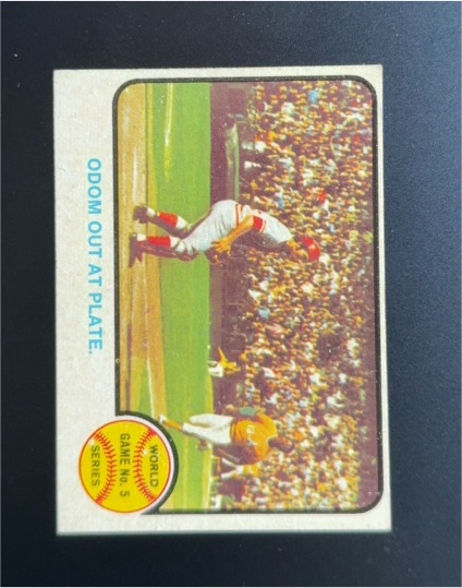 1973 Topps #207 World Series Game 5 Odom Out at Plate — front