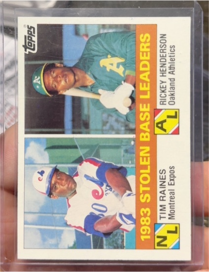 1984 Topps #134 1983 Stolen Base Leaders Tim Raines / Rickey Henderson — front