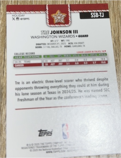 2024 Topps Holiday SSB-TJ Tre Johnson III — front
