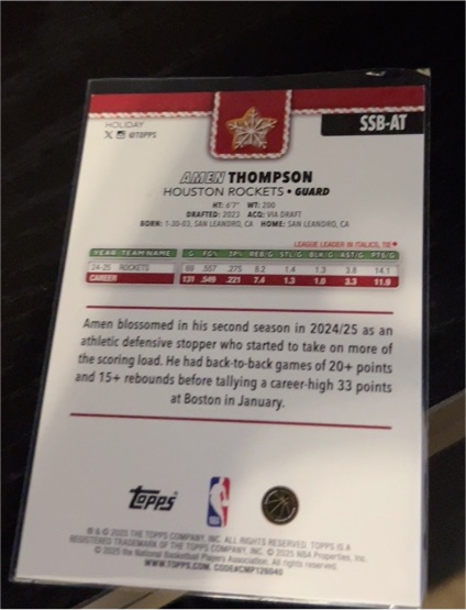 2025 Topps Holiday #SSB-AT Amen Thompson — front