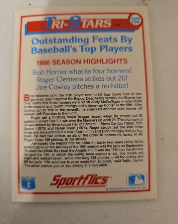 1986 Sportflics #196 Tri-Star Outstanding Feats By Baseball's Top Players — front