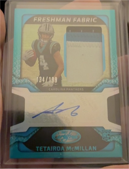 2025 Panini Certified #34 Tetairoa McMillan Freshman Fabric Rookie Patch Auto — front