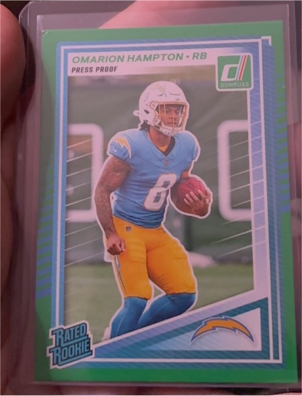 2025 Donruss #303 Omarion Hampton Rated Rookie Press Proof Green — front