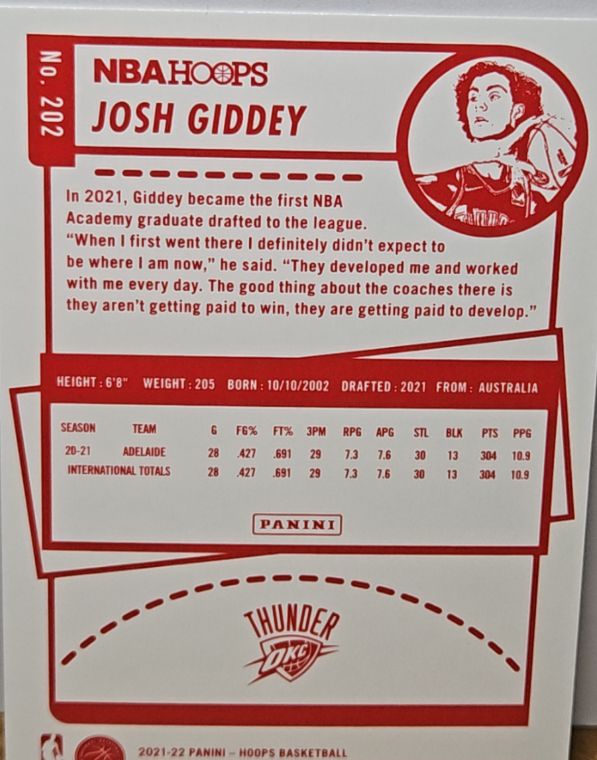2021-22 Panini NBA Hoops #202 Josh Giddey — front