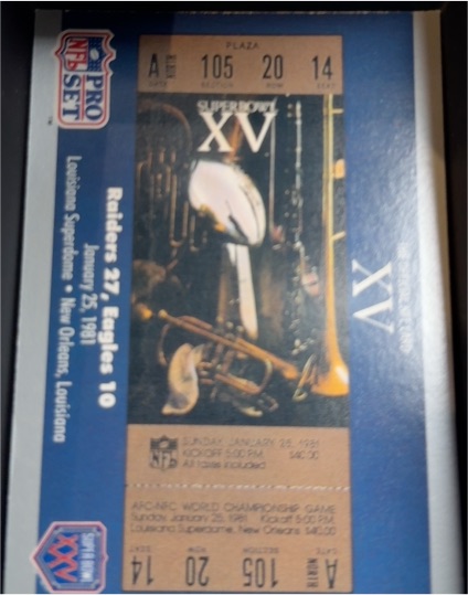 1990 Pro Set Super Bowl XV #15 Ticket — front