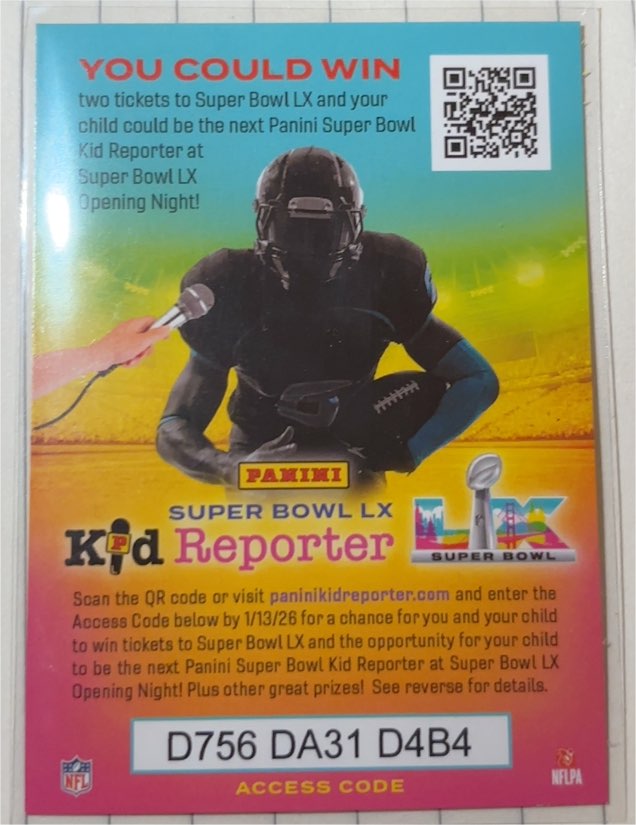 2025 Panini Super Bowl LX Kid Reporter Code Card — front