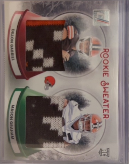 2025 Panini Donruss #SWED-CLE Dillon Gabriel / Mason Graham Rookie Sweater Dual Patch — front
