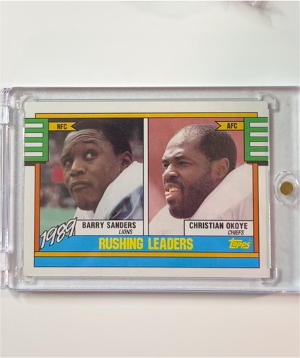 1990 Topps #28 Barry Sanders / Christian Okoye Rushing Leaders — front