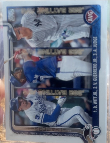 2025 Topps #345 American League Leaders AVG Bobby Witt Jr. / Vladimir Guerrero Jr. / Aaron Judge — front