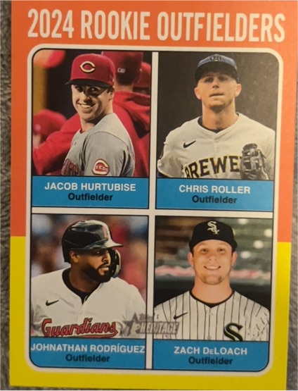 2024 Topps Heritage #622 2024 Rookie Outfielders Jacob Hurtubise / Chris Roller / Johnathan Rodriguez / Zach DeLoach — front