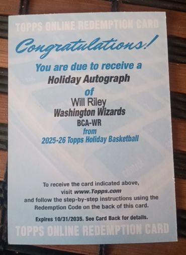 2025-26 Topps Holiday Basketball Holiday Autograph Redemption #BCA-WR Will Riley — front