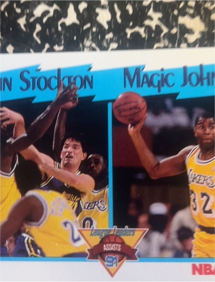 1991-92 Hoops #312 John Stockton / Magic Johnson League Leaders Assists — front