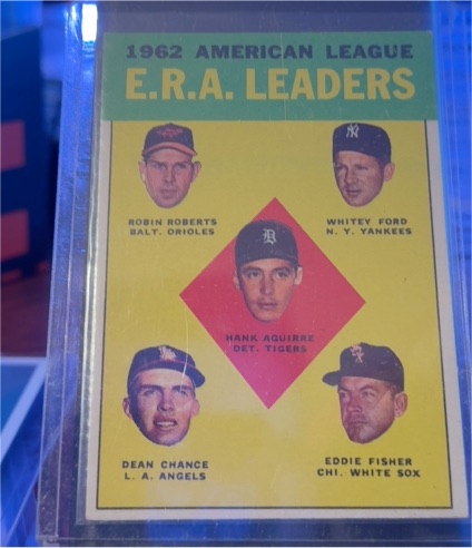 1963 Topps #6 E.R.A. Leaders Hank Aguirre, Whitey Ford, Robin Roberts, Dean Chance, Eddie Fisher — front