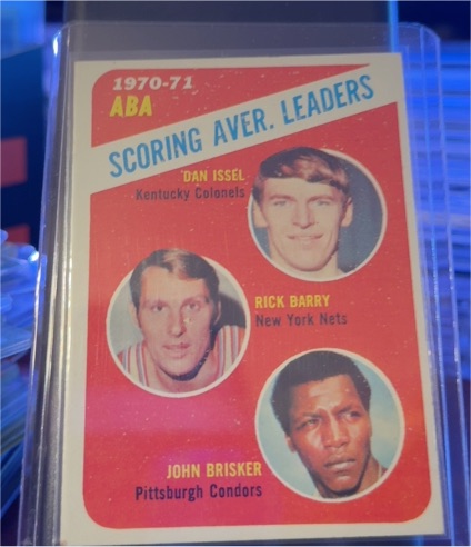 1971-72 Topps #147 ABA Scoring Aver. Leaders Dan Issel, Rick Barry, John Brisker — front