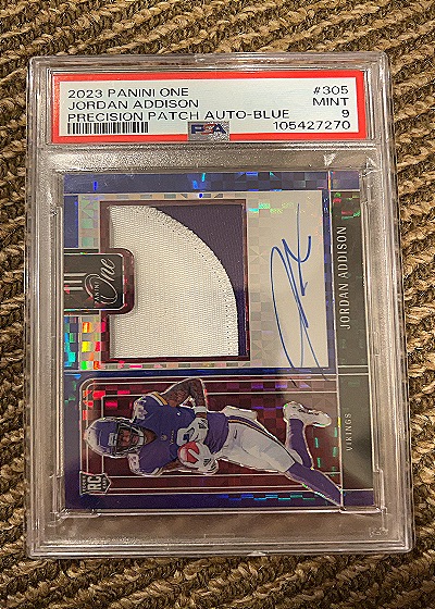 2023 Panini One #305 Jordan Addison Precision Patch Auto-Blue — front