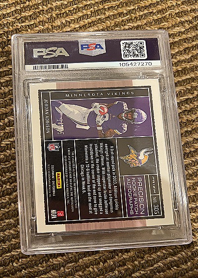 2023 Panini One #305 Jordan Addison Precision Patch Auto-Blue — back