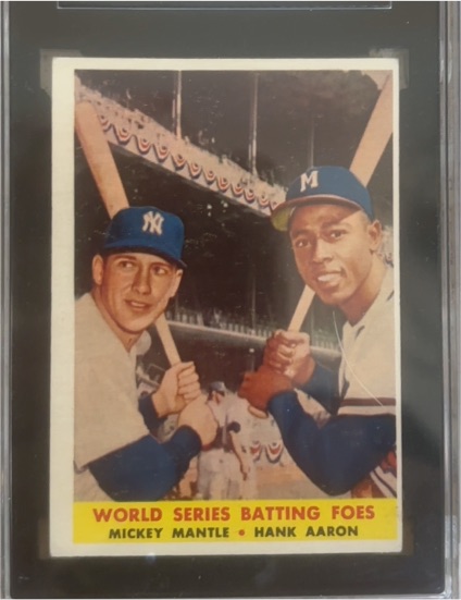 1958 Topps #418 Mickey Mantle & Hank Aaron World Series Batting Foes — front