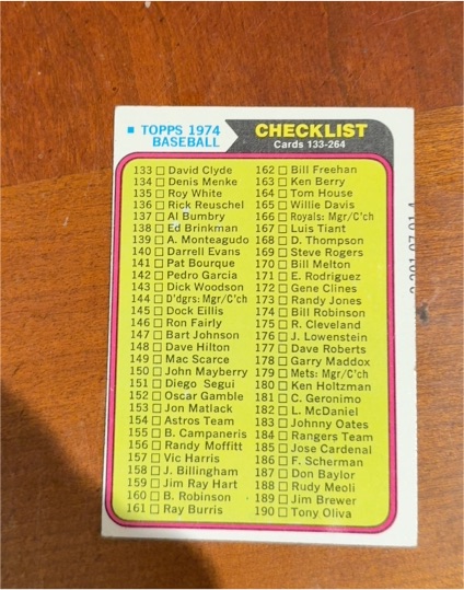1974 Topps Baseball Checklist #133-264 — front