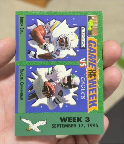 1995 Pro Line Game of the Week Week 3 Junior Seau / Randall Cunningham — front