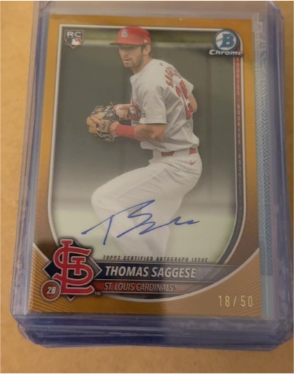 2025 Bowman Chrome #57 Thomas Saggese Rookie RC True Gold Auto — front