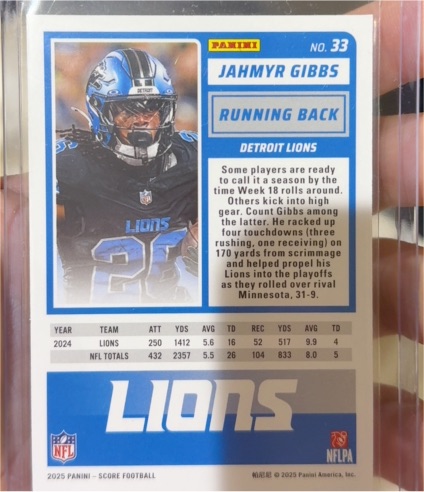 2025 Panini Score #33 Jahmyr Gibbs — front