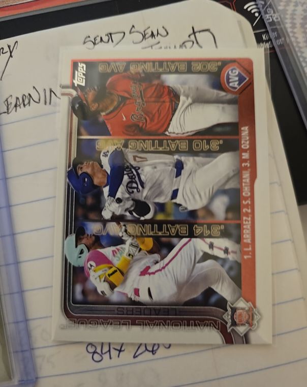 2025 Topps Series 1 #347 Shohei Ohtani / Luis Arraez / Marcell Ozuna NL Batting Average Leaders — front