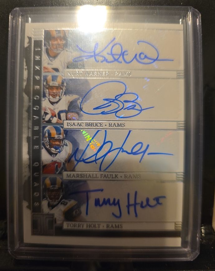 2025 Panini Impeccable Quads #4 Kurt Warner, Isaac Bruce, Marshall Faulk, Torry Holt — front