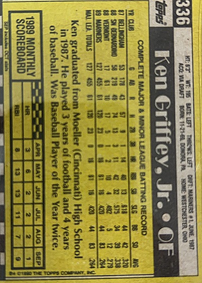 1990 Topps #336 Ken Griffey, Jr. — back