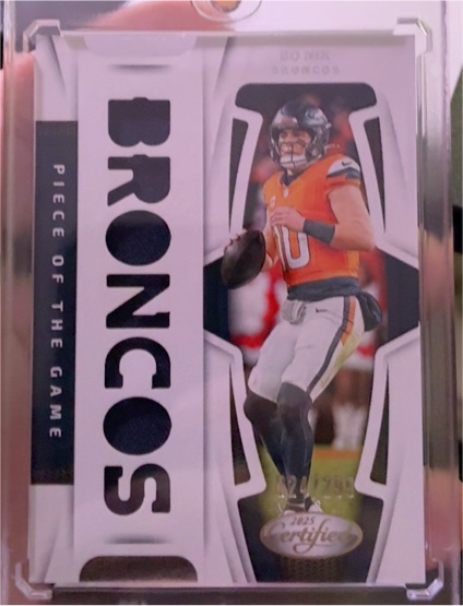 2025 Panini Certified #POG-BRN Bo Nix Piece of the Game Broncos Patch — front