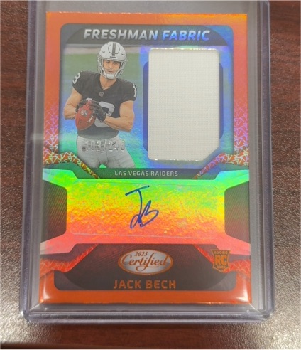 2025 Panini Certified #FBC-JBE Jack Bech Freshman Fabric Orange Rookie Patch Autograph — front