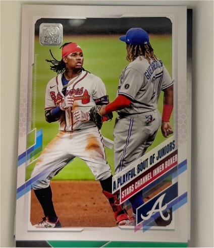2021 Topps Series 1 #61 A Playful Bout of Juniors Ronald Acuna Jr. & Vladimir Guerrero Jr. — front