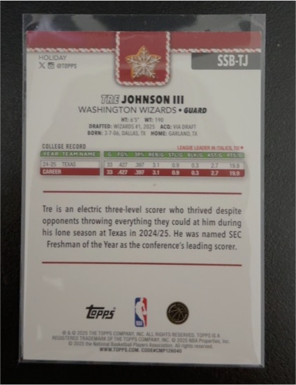 2025 Topps Holiday #SSB-TJ Tre Johnson III — front
