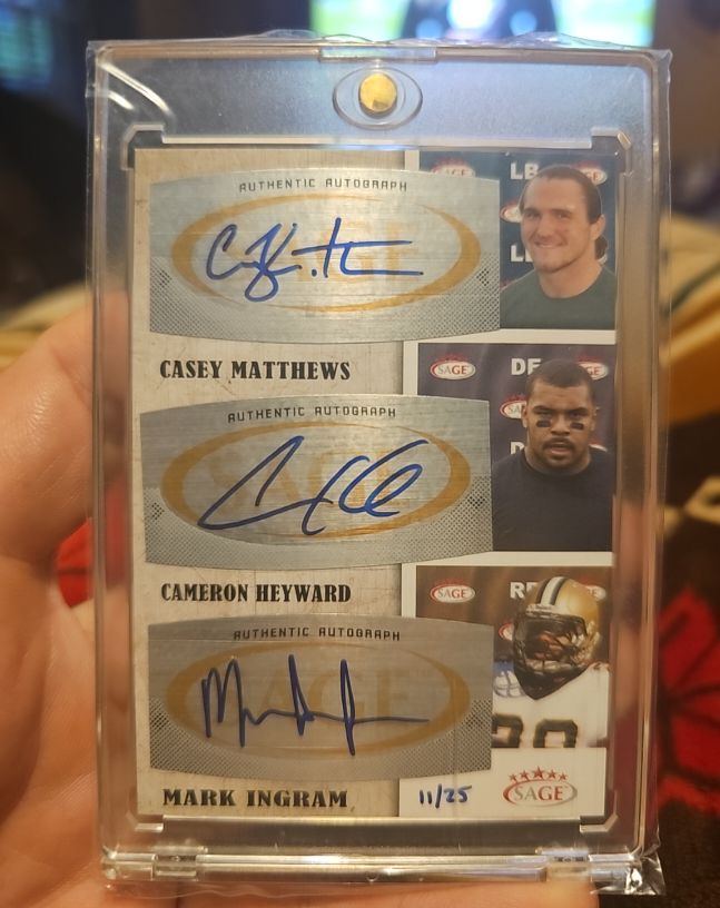 2011 SAGE Five Star Triple Autographs #TA18 Mark Ingram/Cameron Heyward/Casey Matthews — front