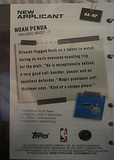 2025-26 Topps New Applicants Autographs #NA-NP Noah Penda — back